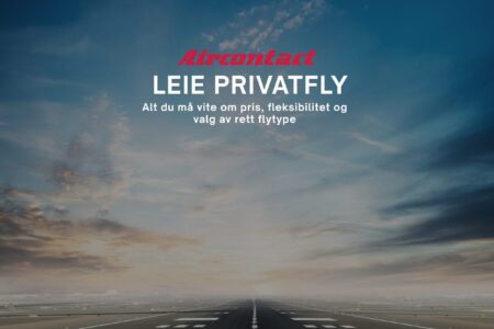 Aircontact-banner for leie av privatfly med utsikt over en rullebane i solnedgang